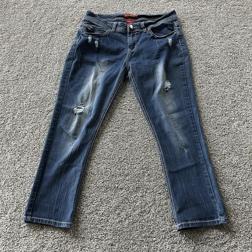 Red Rivet Straight Jeans Womens 13 Med Wash Blue Distressed Stretch Denim